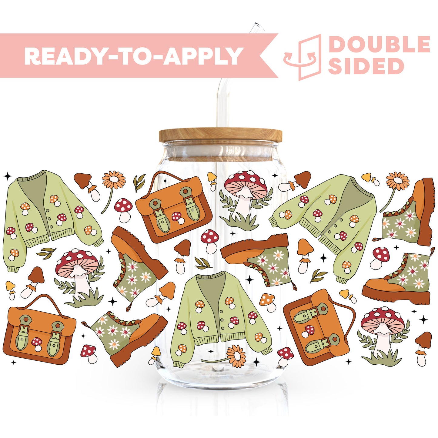 [ Double Sided ] 16oz Cup UV DTF Decal | Cozy Fall Mushroom