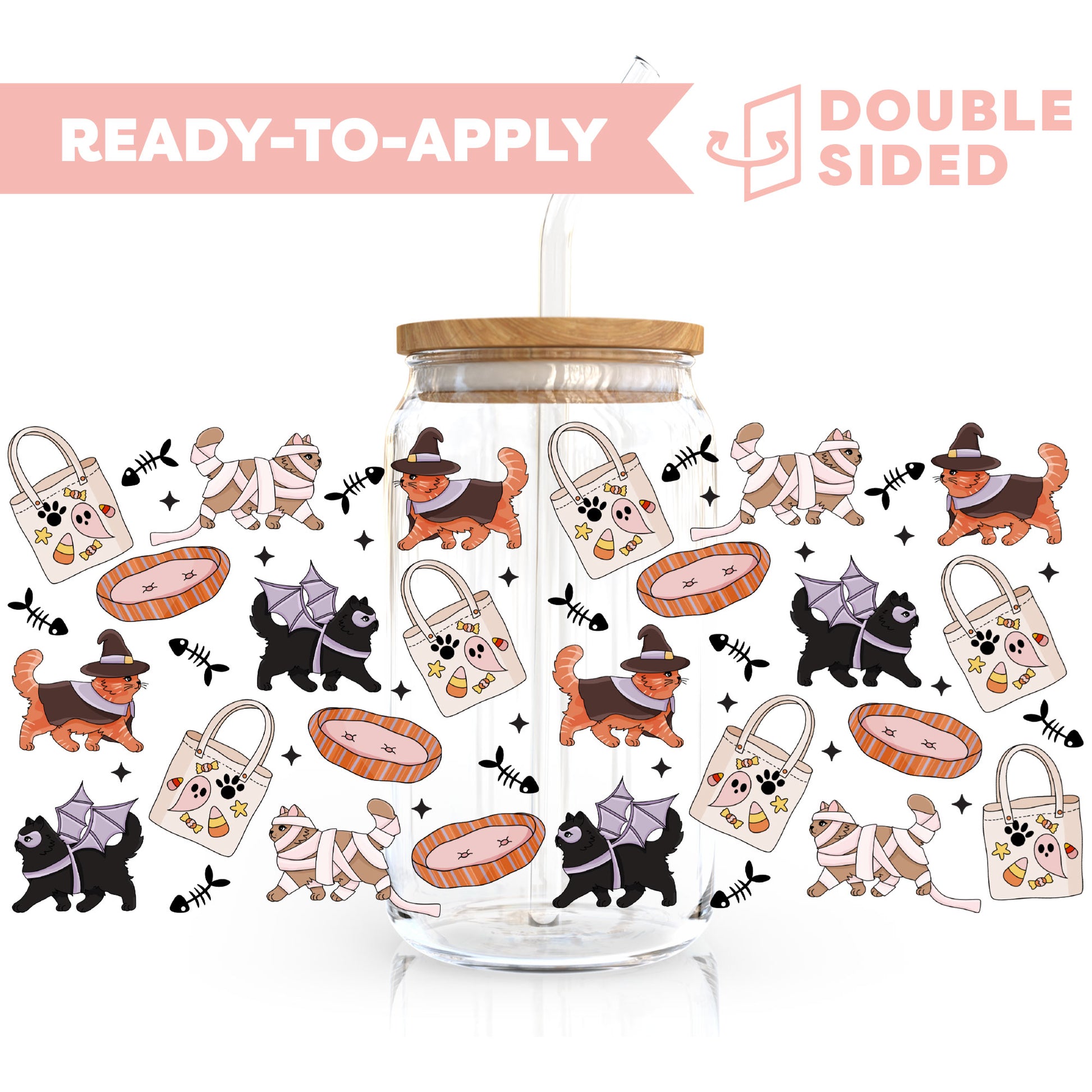 [ Double Sided ] 16oz Cup UV DTF Decal | Spooky Kitties