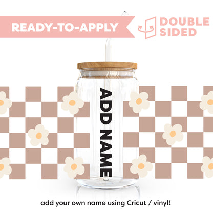 [ Double Sided ] 16oz Cup UV DTF Decal | Coffee Checkered with Daisy [ Add Your Own Name ]