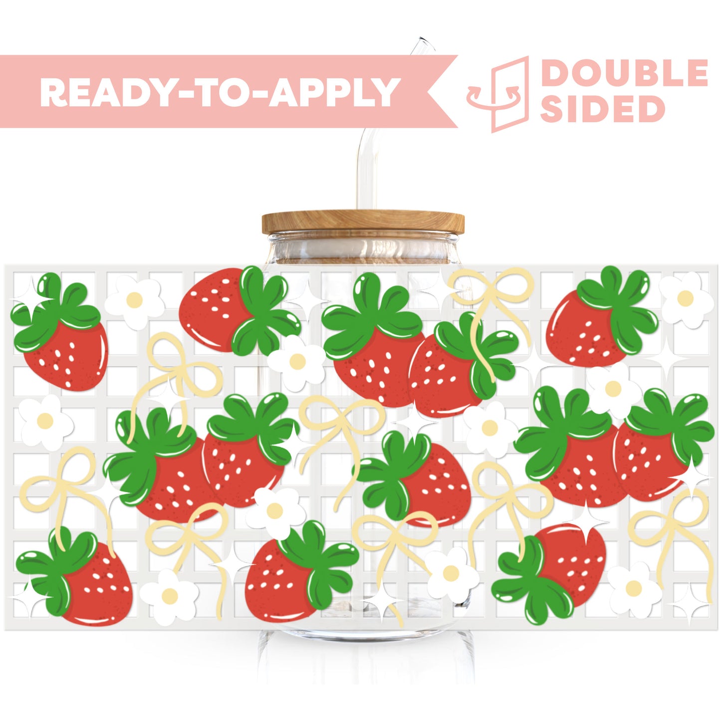[ Double Sided ] 16oz Cup UV DTF Decal | Romantic Strawberry Checkered