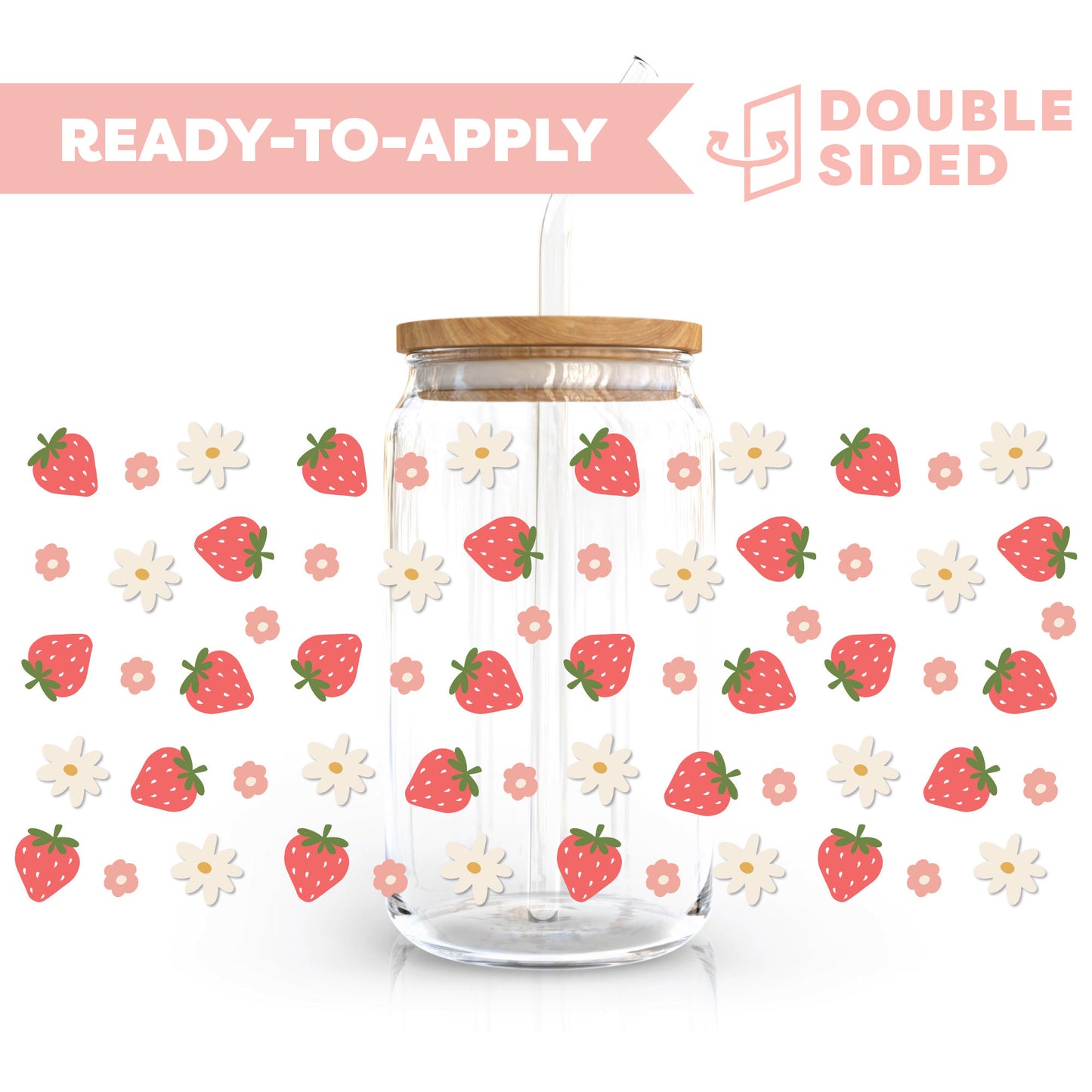 [ Double Sided ] 16oz Cup UV DTF Decal | Floral Strawberry