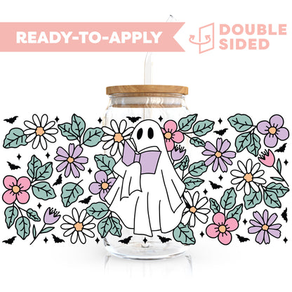 [ Double Sided ] 16oz Cup UV DTF Decal | Book Ghost & Flower