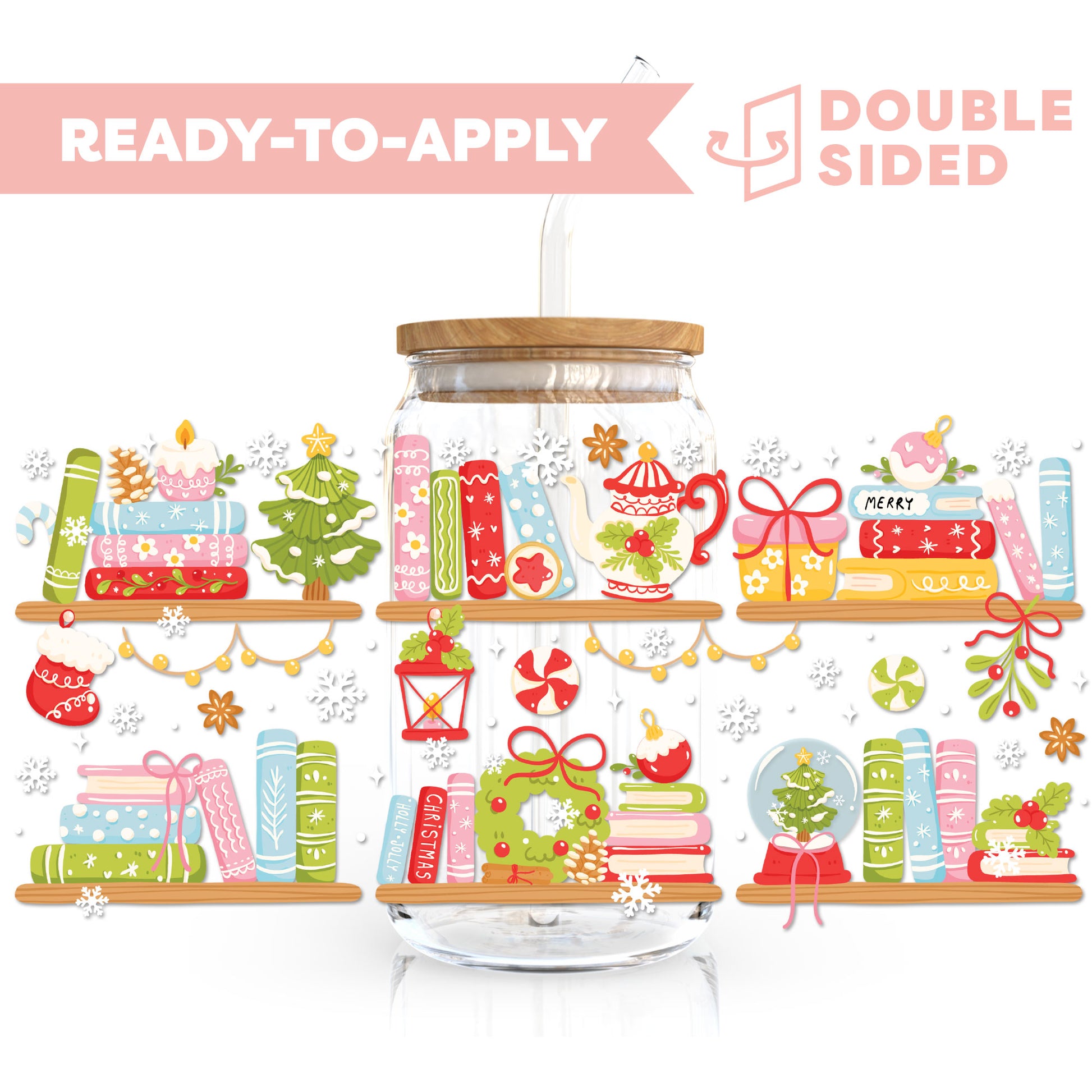 [ Double Sided ] 16oz Cup UV DTF Decal | Merry Bookmas