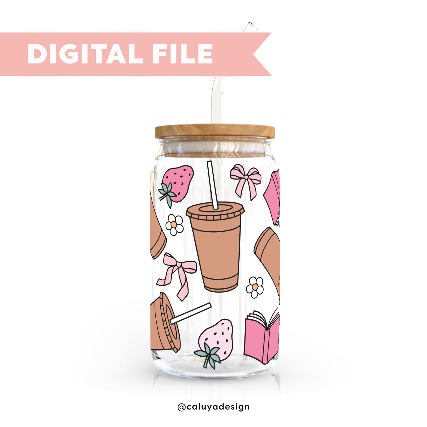 [ Digital File ] 16oz Libbey Can Wrap SVG | Strawberry Book & Coffee SVG