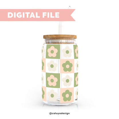 [ Digital File ] 16oz Libbey Can Wrap SVG | Retro Flower Checkered SVG