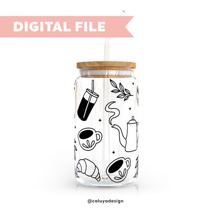 16oz Libbey Can Cup Wrap SVG | Coffee Time Outline SVG