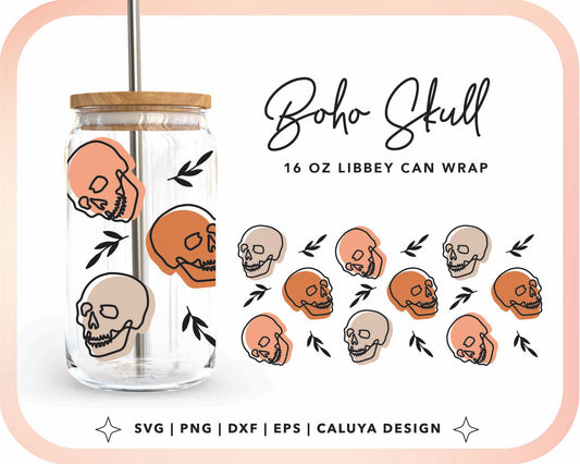 16oz Libbey Can Cup Wrap | Boho Skull Cup Wrap Cut File for Cricut, Cameo Silhouette | Free SVG Cut File