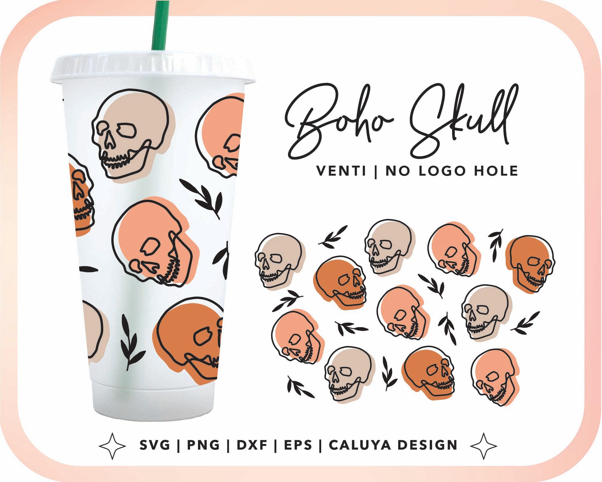 No Logo Venti Cup Wrap SVG | Boho Skull Cup Wrap Cut File for Cricut, Cameo Silhouette | Free SVG Cut File