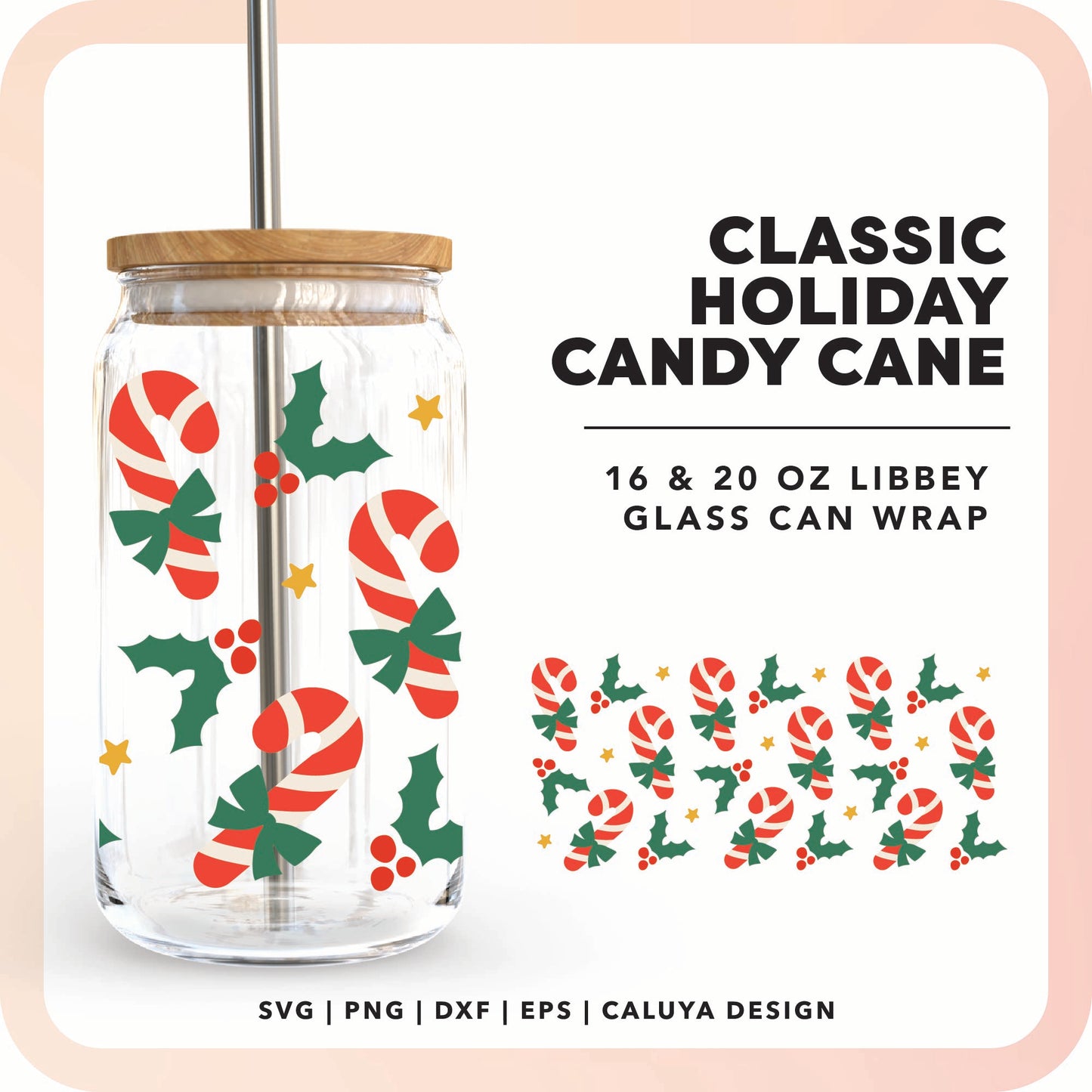 16oz Libbey Can Cup Wrap | Classic Candy Cane SVG