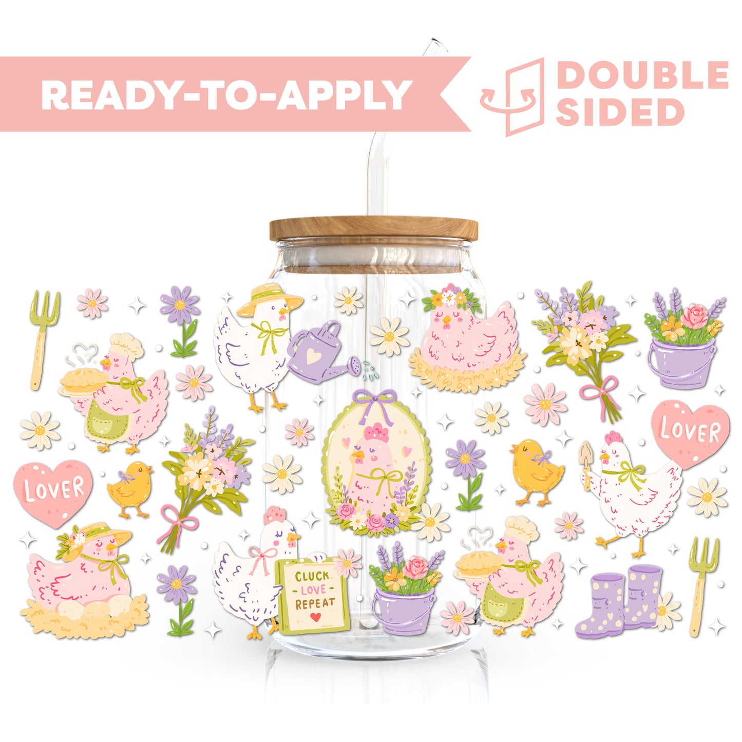 [ Double Sided ] 16oz Cup UV DTF Decal | Coquette Floral Chicken