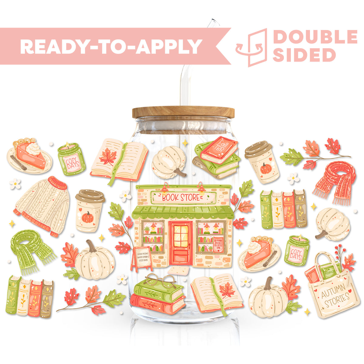 [ Double Sided ] 16oz Cup UV DTF Decal | Cozy Fall Bookstore