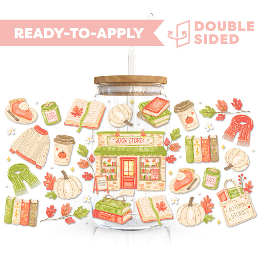 [ Double Sided ] 16oz Cup UV DTF Decal | Cozy Fall Bookstore