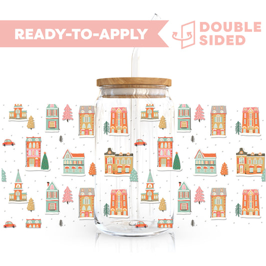 [ Double Sided ] 16oz Cup UV DTF Decal | Snowy Townhouse