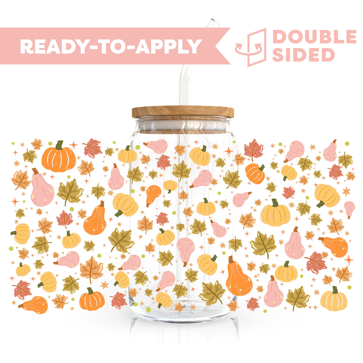 [ Double Sided ] 16oz Cup UV DTF Decal | Falling Leaves & Pumpkin