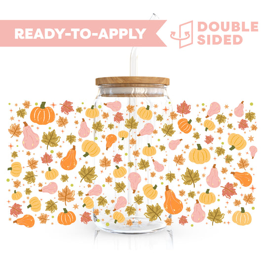 [ Double Sided ] 16oz Cup UV DTF Decal | Falling Leaves & Pumpkin