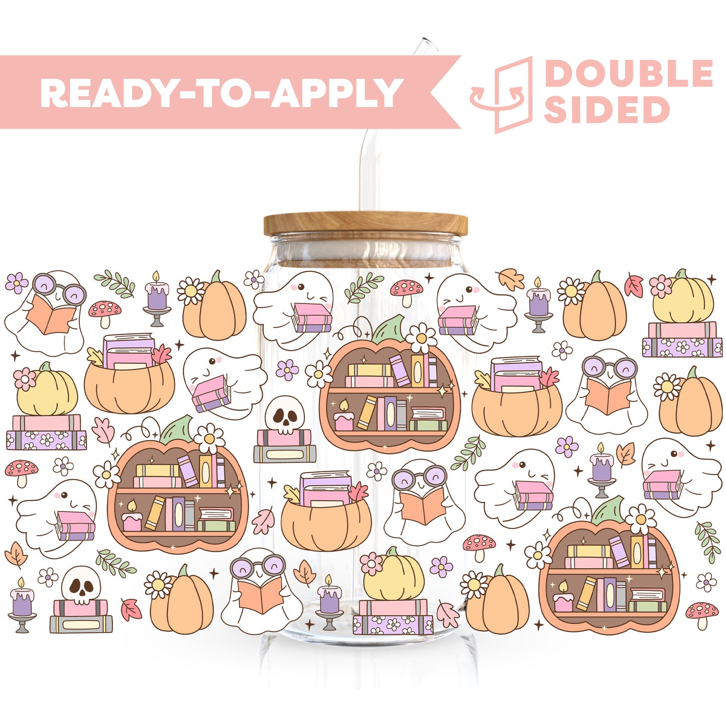 [ Double Sided ] 16oz Cup UV DTF Decal | Halloween Ghost Bookshelf
