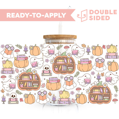 [ Double Sided ] 16oz Cup UV DTF Decal | Halloween Ghost Bookshelf