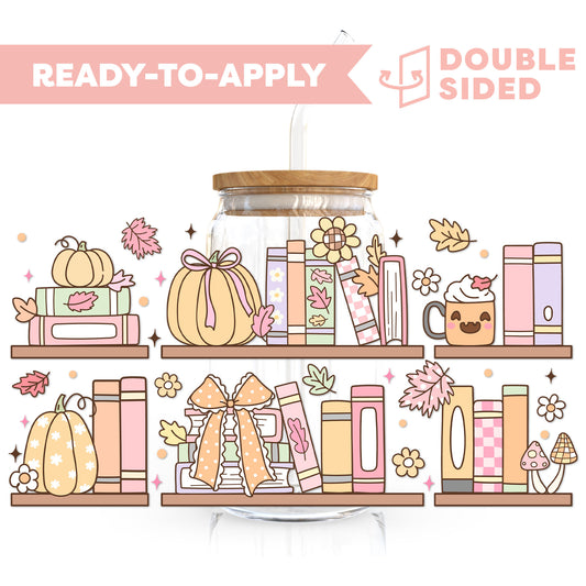 [ Double Sided ] 16oz Cup UV DTF Decal | Pumpkin Bookshelf 🎃