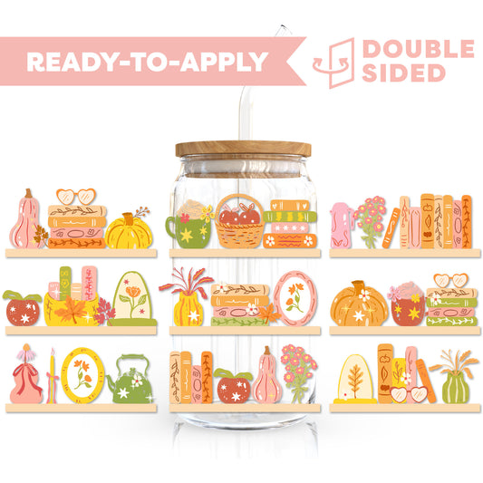 [ Double Sided ] 16oz Cup UV DTF Decal | Cozy Fall Bookshelf