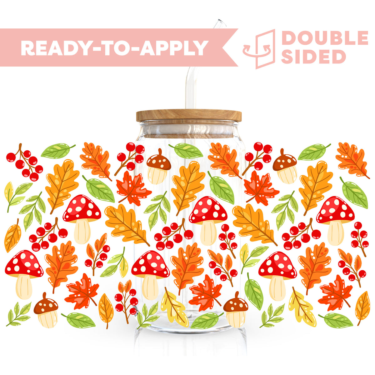 [ Double Sided ] 16oz Cup UV DTF Decal | Mushroom & Falling Leaves