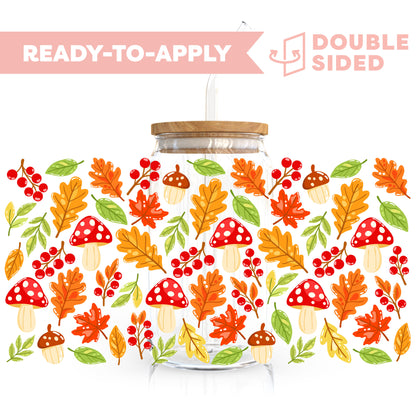 [ Double Sided ] 16oz Cup UV DTF Decal | Mushroom & Falling Leaves