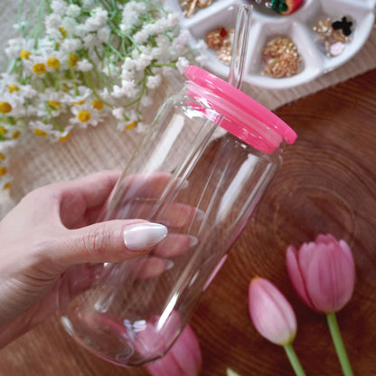 16oz Glass Can | Clear Cup + Hot Pink Plastic Lid