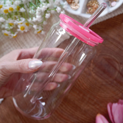 16oz Glass Can | Clear Cup + Hot Pink Plastic Lid