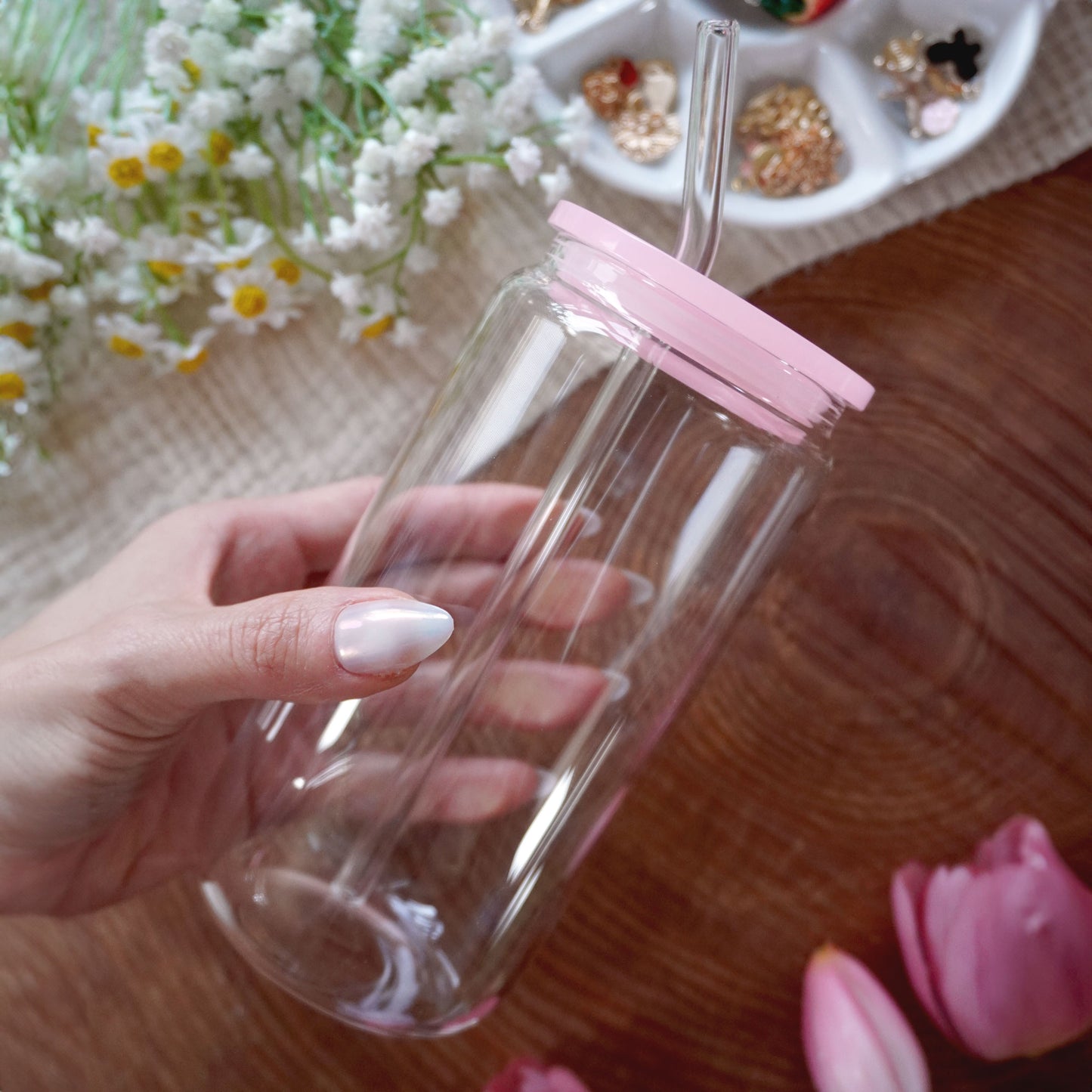 16oz Glass Can | Clear Cup + Pastel Pink Plastic Lid