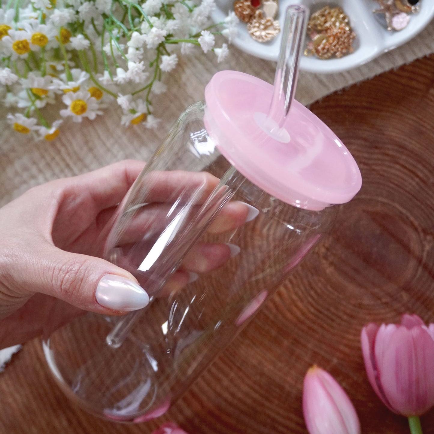 16oz Glass Can | Clear Cup + Pastel Pink Plastic Lid