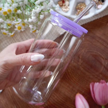 16oz Glass Can | Clear Cup + Lavender Plastic Lid