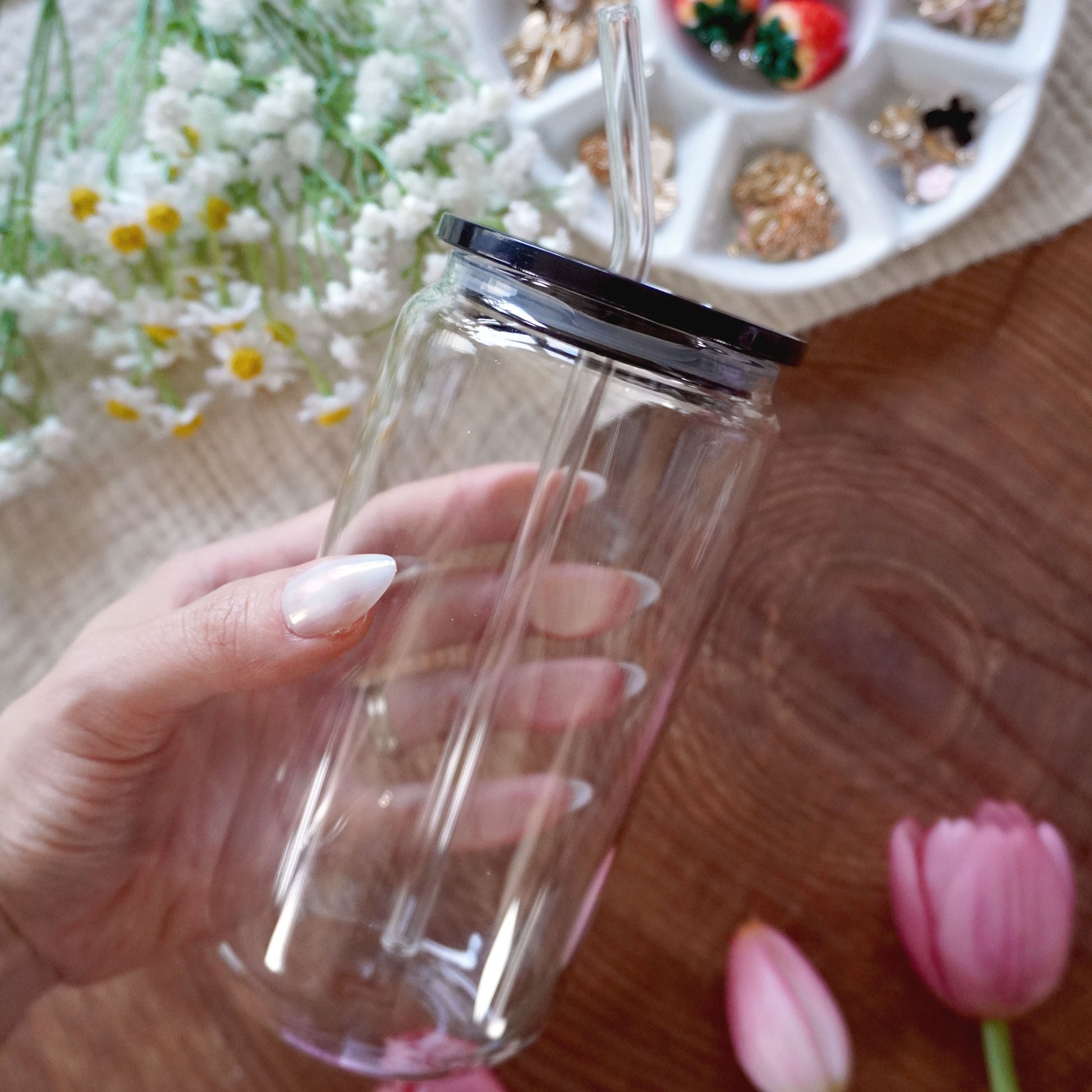 16oz Glass Can | Clear Cup + Black Plastic Lid