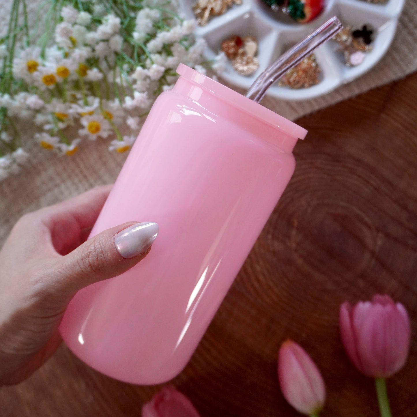 16oz Glass Can withPlastic Lid and Glass Straw | Solid Pink