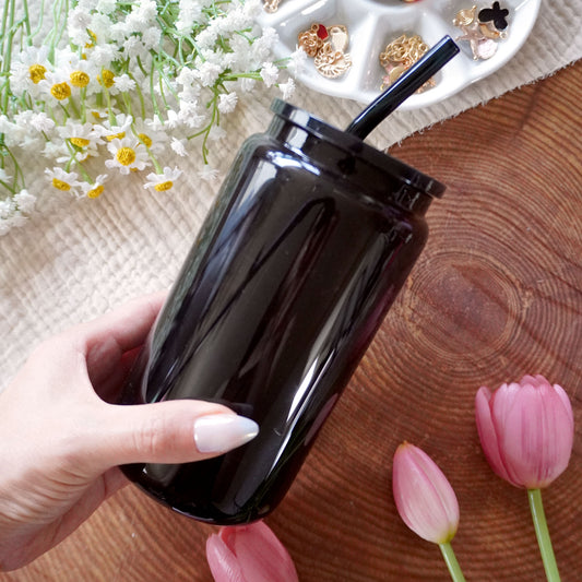 16oz Glass Can withPlastic Lid and Glass Straw | Solid Black