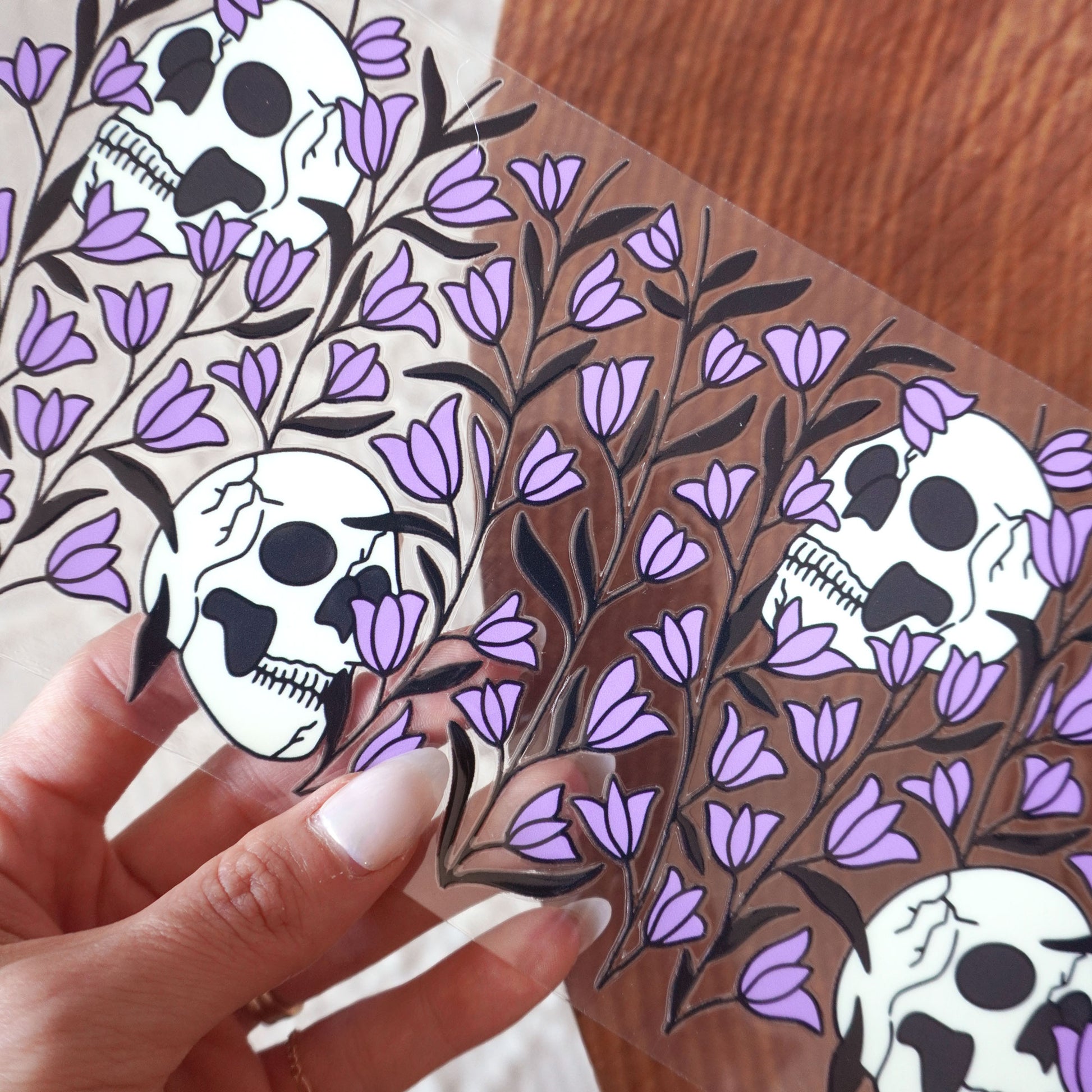 [ Double Sided ] 16oz Cup UV DTF Decal | Skull Purple Flower