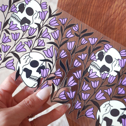 [ Double Sided ] 16oz Cup UV DTF Decal | Skull Purple Flower