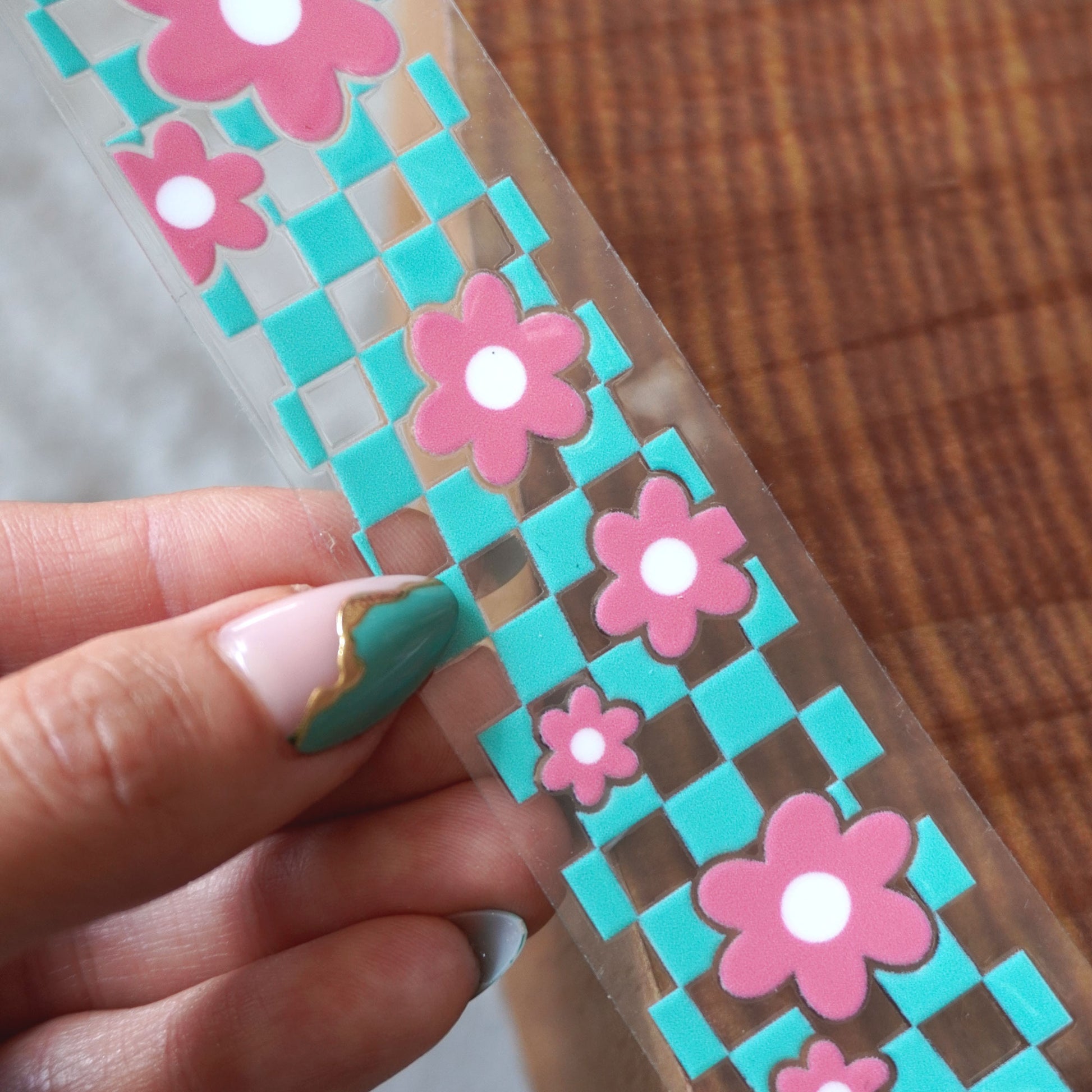 [ Double Sided ] Bookmark UV DTF Decal | Retro Checkered Pink Flower