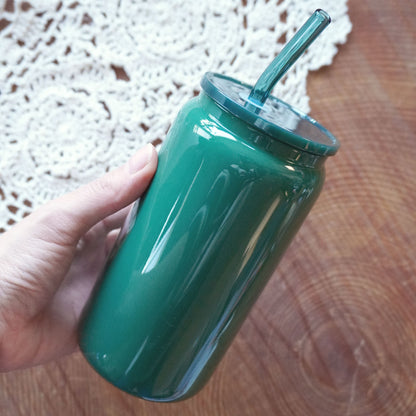 16oz Glass Can with Plastic Lid and Glass Straw | Solid Dark Forest