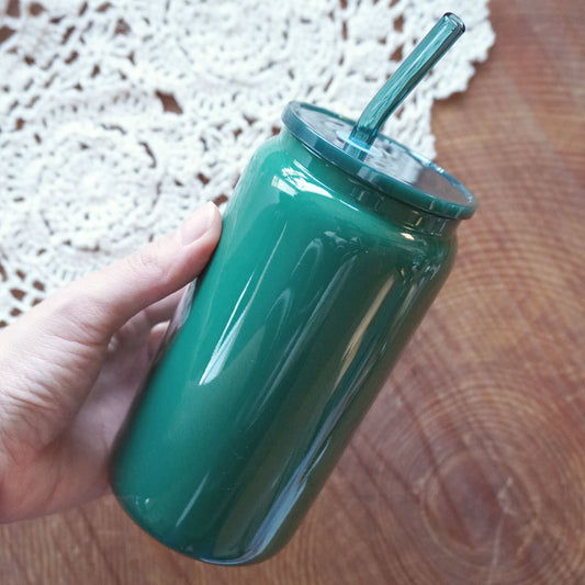 16oz Glass Can with Plastic Lid and Glass Straw | Solid Dark Forest