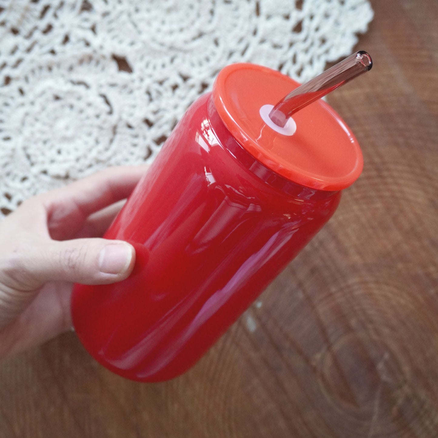 16oz Glass Can with Plastic Lid and Glass Straw | Solid Candy Apple