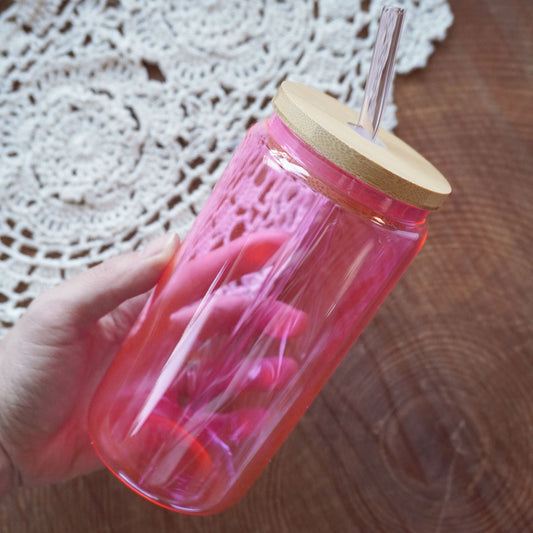 16oz Glass Can | Translucent Pink + Bamboo Lid