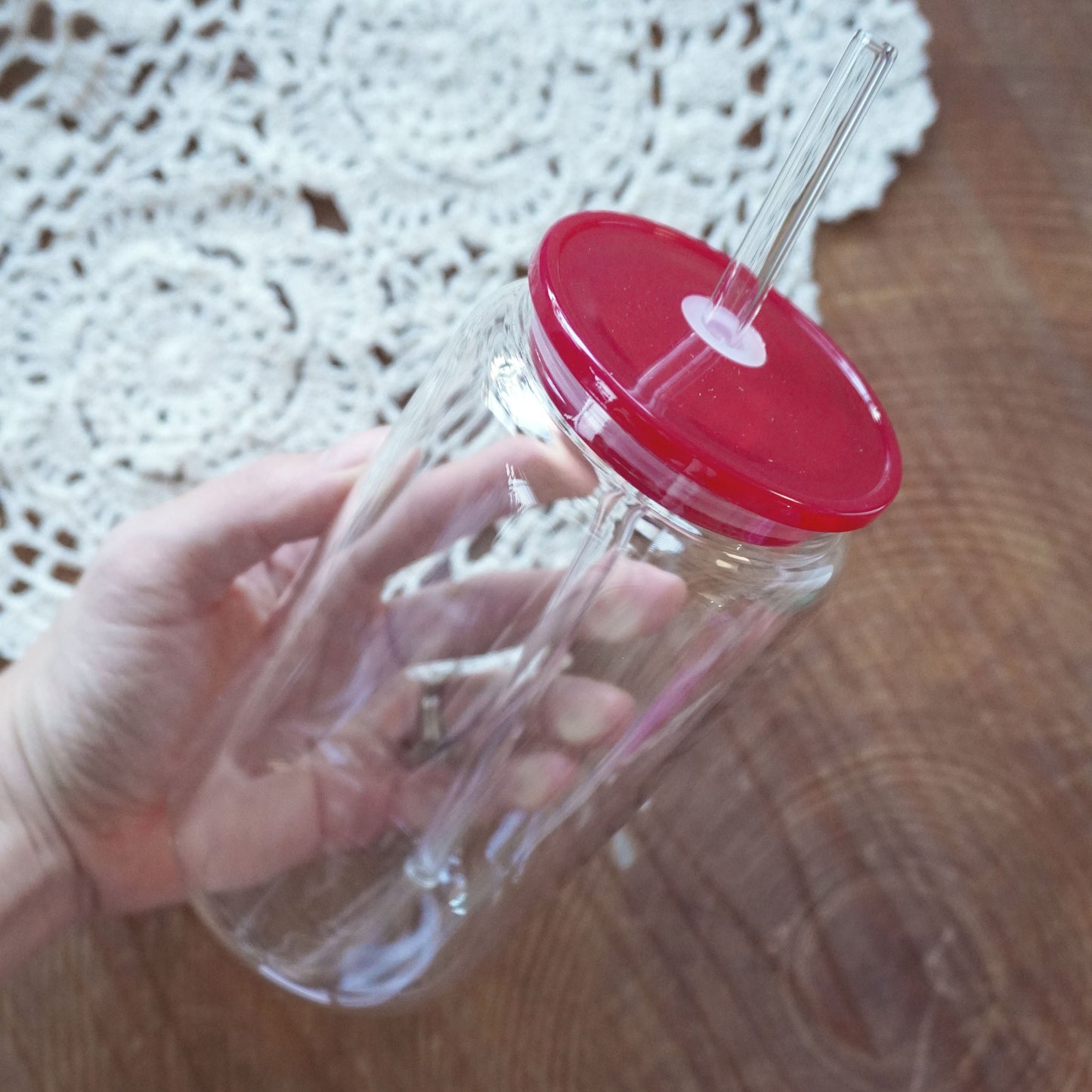 16oz Glass Can | Clear Cup + Burgundy Plastic Lid