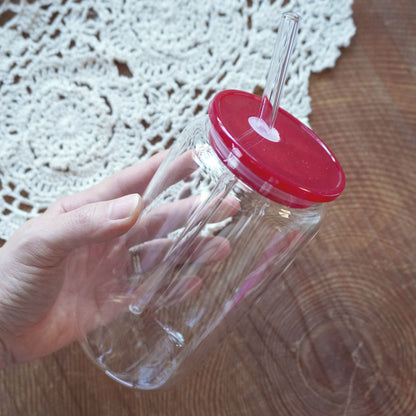 16oz Glass Can | Clear Cup + Burgundy Plastic Lid