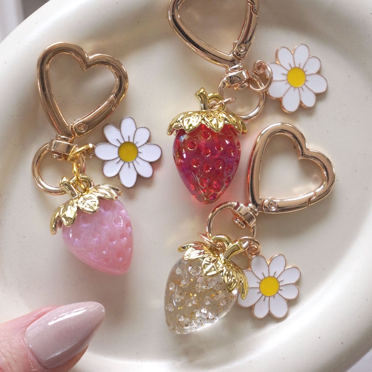 3D Strawberry + Flower Charm Keychain
