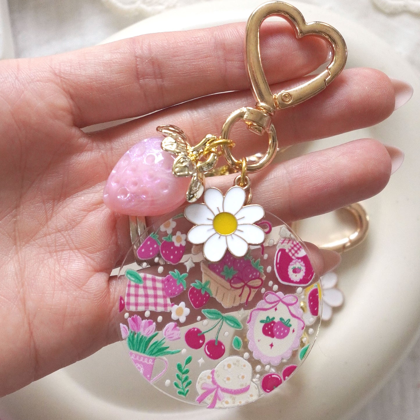 3D Strawberry + Flower Charm Keychain