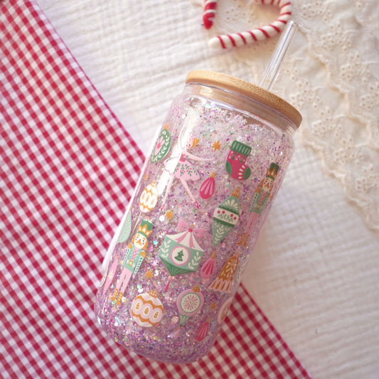 Pre-Assembled 16oz Glass Cup | Pink Nutcracker Snow Globe