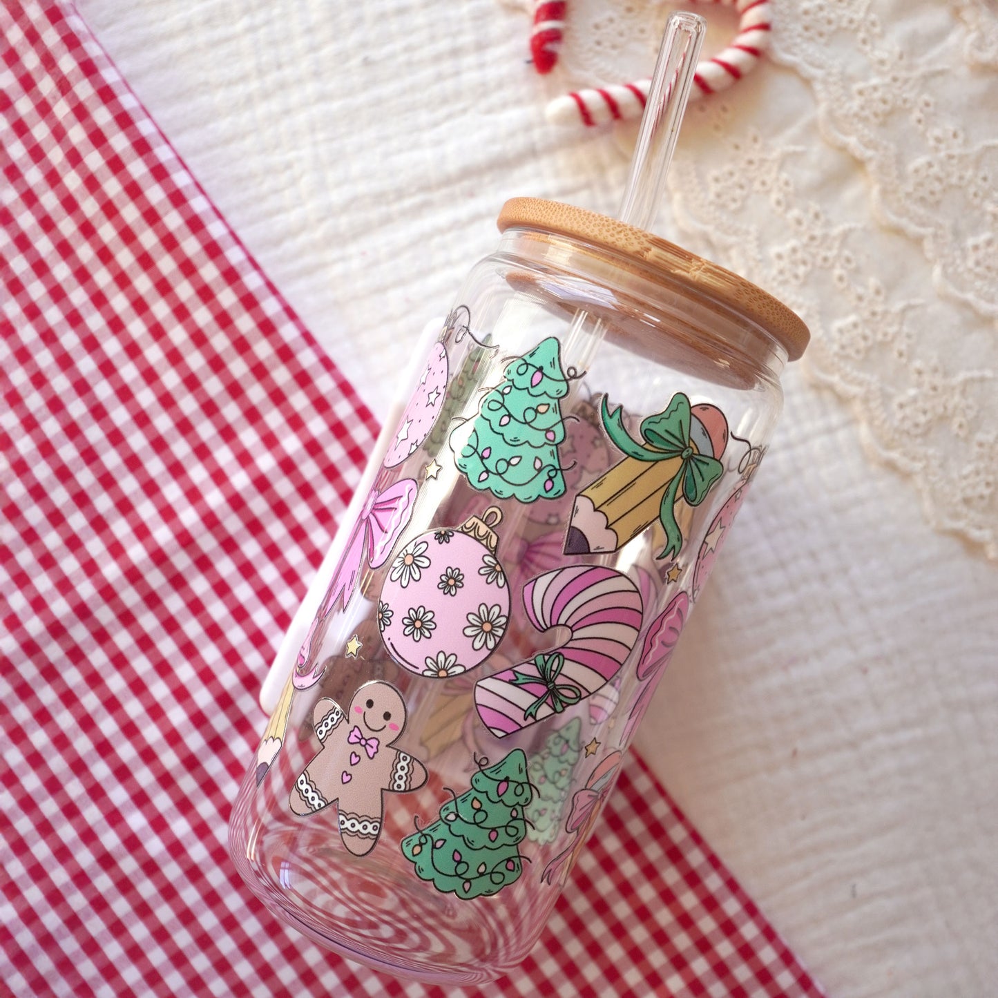 Pre-Assembled 16oz Glass Cup | Holly Jolly Teacher