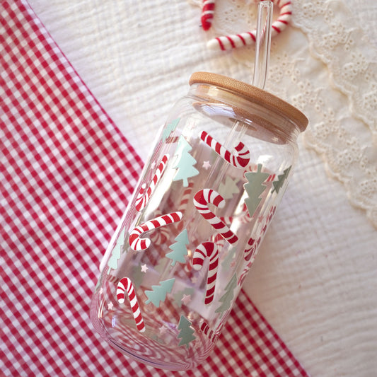 Pre-Assembled 16oz Glass Cup | Candy Cane & Tree