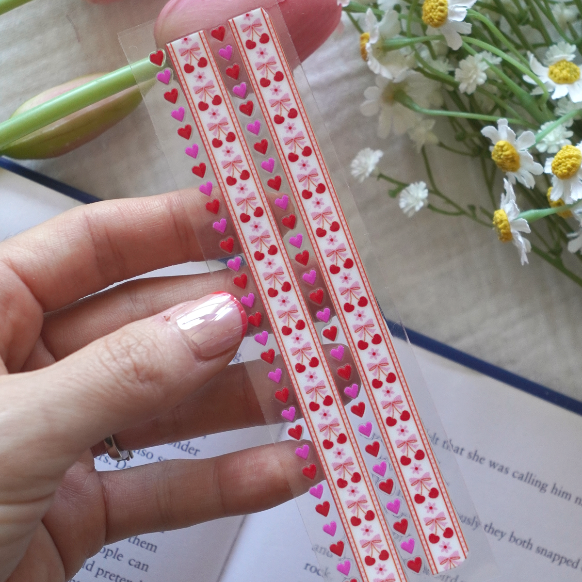 [ Double Sided ] Bookmark UV DTF Decal | Cherry Washi Tape