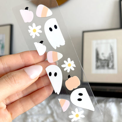 Bookmark UV DTF Decal | Cute Ghost With Pumpkin & Candy Corn