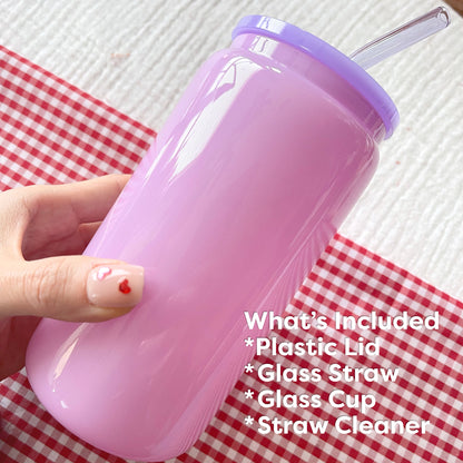 16oz Glass Can with Plastic Lid and Glass Straw | Solid Lavender